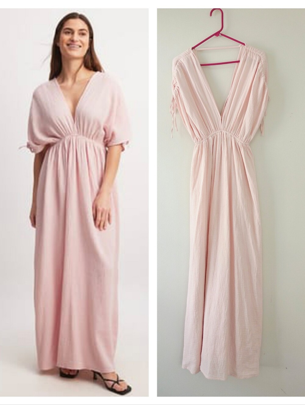 NA-KD V-Neck Front and Back Maxi Dress Gauzy Gauze Dusty Pale Rose Sz 2 Goddess